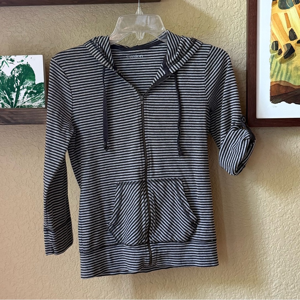 Caslon Button Tab Sleeve Striped Zip Up Hoodie Petite